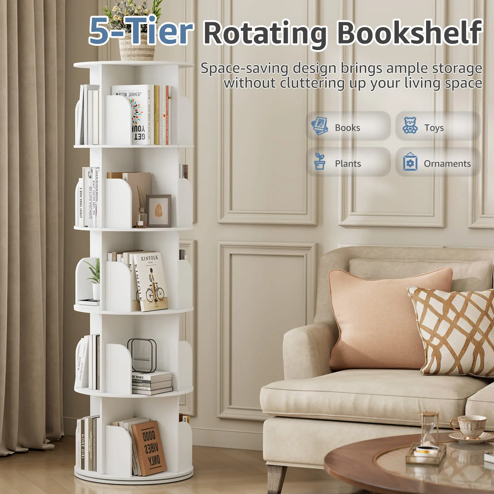 Estantería esquinera giratoria de 360° con 3/4/5 niveles, ideal para organizar y ahorrar espacio en dormitorio o sala.