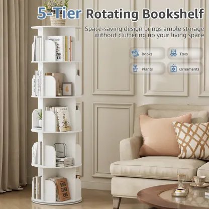 Estantería esquinera giratoria de 360° con 3/4/5 niveles, ideal para organizar y ahorrar espacio en dormitorio o sala.