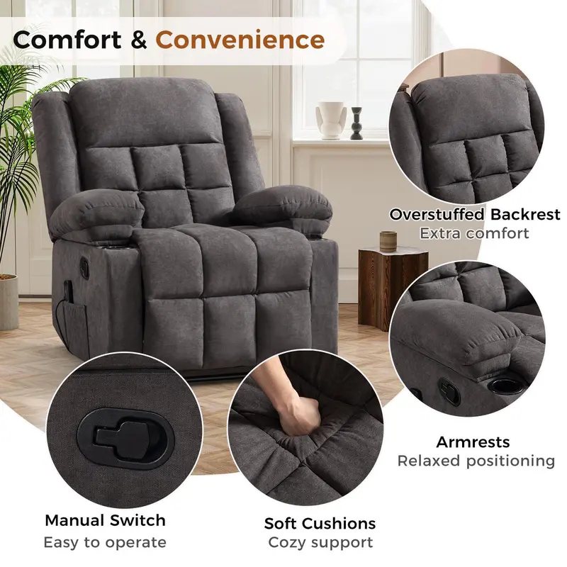 Sillón reclinable manual con masaje y calor, sillón de tela con portavasos y bolsillos de almacenamiento, cómodo y transpirable para la sala de estar