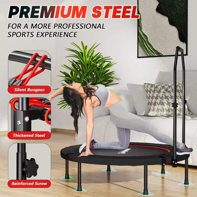 Mini trampolín plegable (soporta hasta 600 lb), Rebounder de fitness de 40 pulgadas con resortes y cuerdas elásticas, con barra de agarre en forma de U ajustable; equipo de ejercicio estable y silencioso para uso en interiores y exteriores, ideal para gim