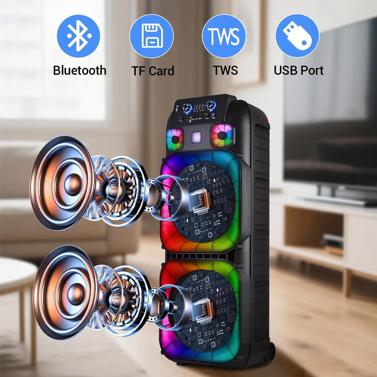 Sistema de Altavoces PA Bluetooth Portátil de Alta Potencia con Doble Bocina de 15", Inalámbrico y Recargable, Incluye Dos Micrófonos Inalámbricos, Control Remoto, Luces LED Multicolor para Fiestas y Sonido Estéreo, Ideal para DJ y Eventos