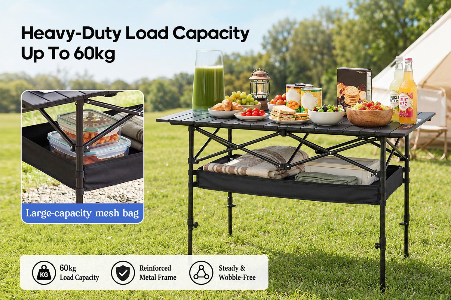 [Upgraded] Senmeo Foldable Outdoor Camping Table Height Adjustable-More Stable! with Mesh Storage Bag And Carrying Bag, Portable Aluminum Rolling Table for Indoor, Outdoor, Camping, Beach, Backyard, Barbecue, Party, Patio, Picnic-Easy to Store