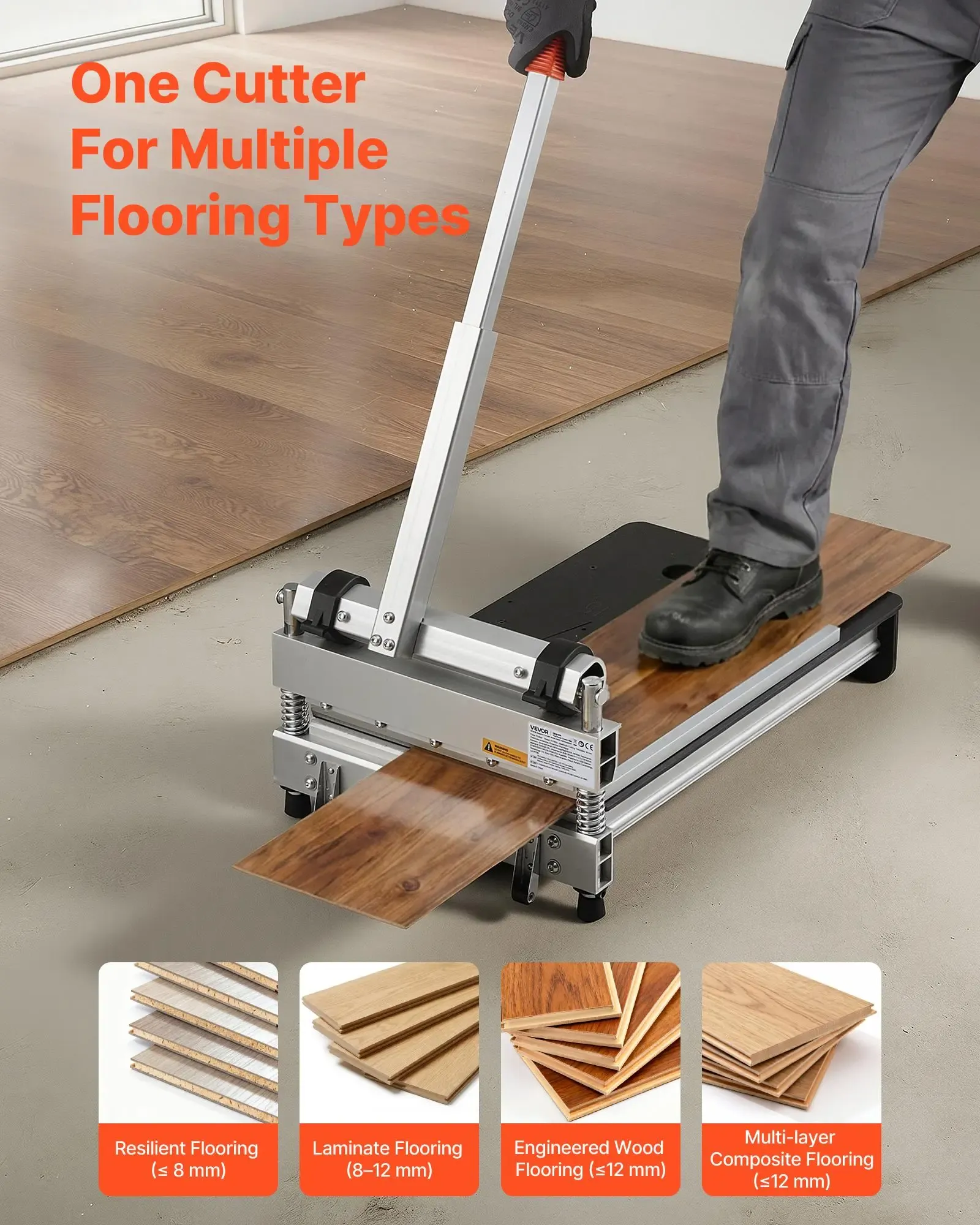 Cortador de pisos de vinilo de 13 pulgadas, cortador de pisos laminados de 12 mm de grosor con ajustes de ángulo de 15°/30°/45°, ruedas flexibles, mango telescópico, ciertos tipos de madera de ingeniería, LVT, VCT, SPC, LVP, WPC.