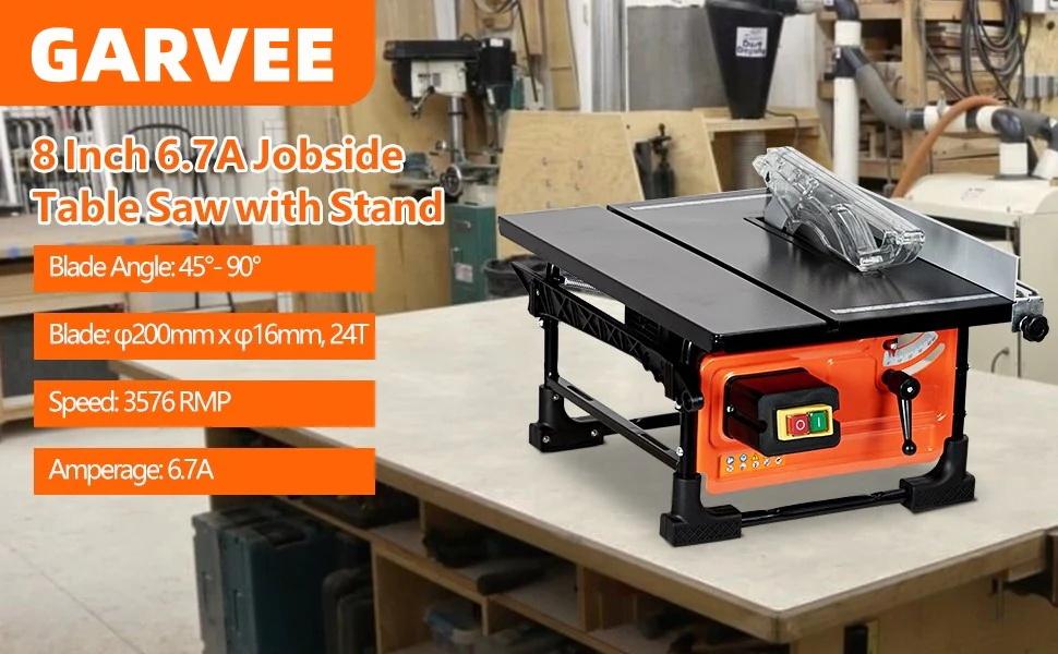 【Fathersdaygift】GARVEE Portable 8-inch Table Saw with 3576RPM Cutting Speed, 24T Blade, and Efficient Dust Collection for Adjustable Cuts, Perfect for DIY Woodworking Projects and Home Improvement.