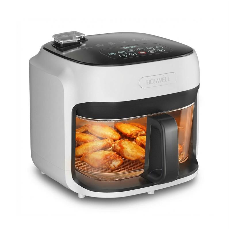 Freidora de aire de vidrio de 7.5 cuartos con recipiente transparente – Calentamiento rápido 5 en 1, capacidad para un pollo entero, resultados crujientes sin aceite y saludables, apta para lavavajillas; el regalo perfecto para familias o parejas.