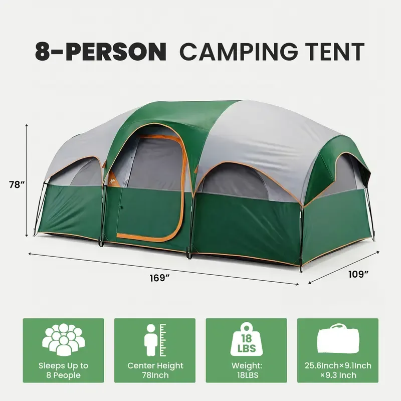 Tienda de campaña familiar extra grande de 169 pulgadas para 8 personas — 14 pies x 9 pies x 78 pulgadas de altura — Tienda para exteriores impermeable y resistente al viento, con acceso para cable eléctrico y montaje fácil en 5 minutos; ideal para sender