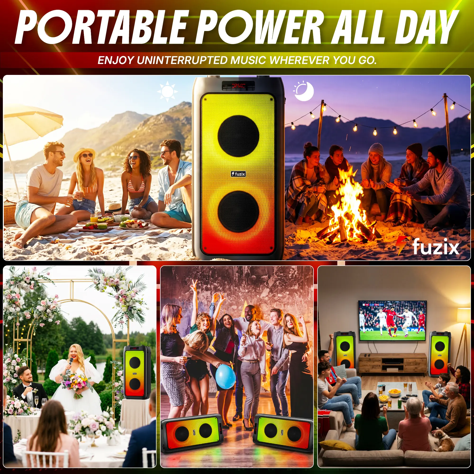 Fuzix Pulse 30W Portable Bluetooth Party Speaker, Wireless Karaoke Microphone, Dynamic LED Lights, TWS Stereo Pairing, FM Radio, Bluetooth 5.3, USB-C Charging, AUX TF MicroSD Card, Remote Control, Echo & EQ Knobs, for Home Party Outdoor Wedding Event