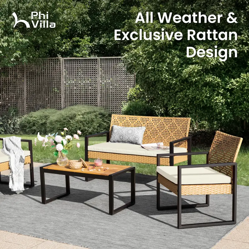 Juego de muebles de mimbre para patio y exteriores, con sofá de dos plazas y sillas de ratán acolchados, y mesa de centro de madera de acacia. Asientos elegantes y resistentes a la intemperie, ideales para jardín, patio trasero y zona de piscina — SpringG