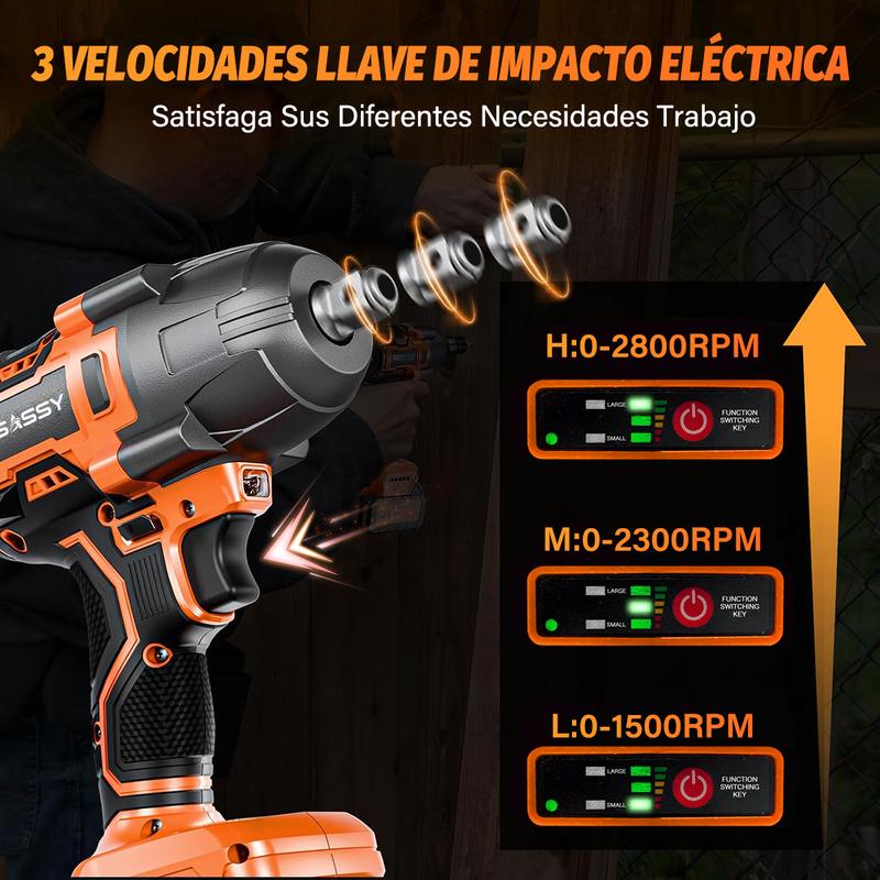 3 EN 1 Pistola Llave De Impacto Inalámbrico 21V 650W con 2 Baterías 7500mAh 520 Nm Torque 1/2 Mandril Luz LED Incorporada y Adaptador de Corriente Incluido