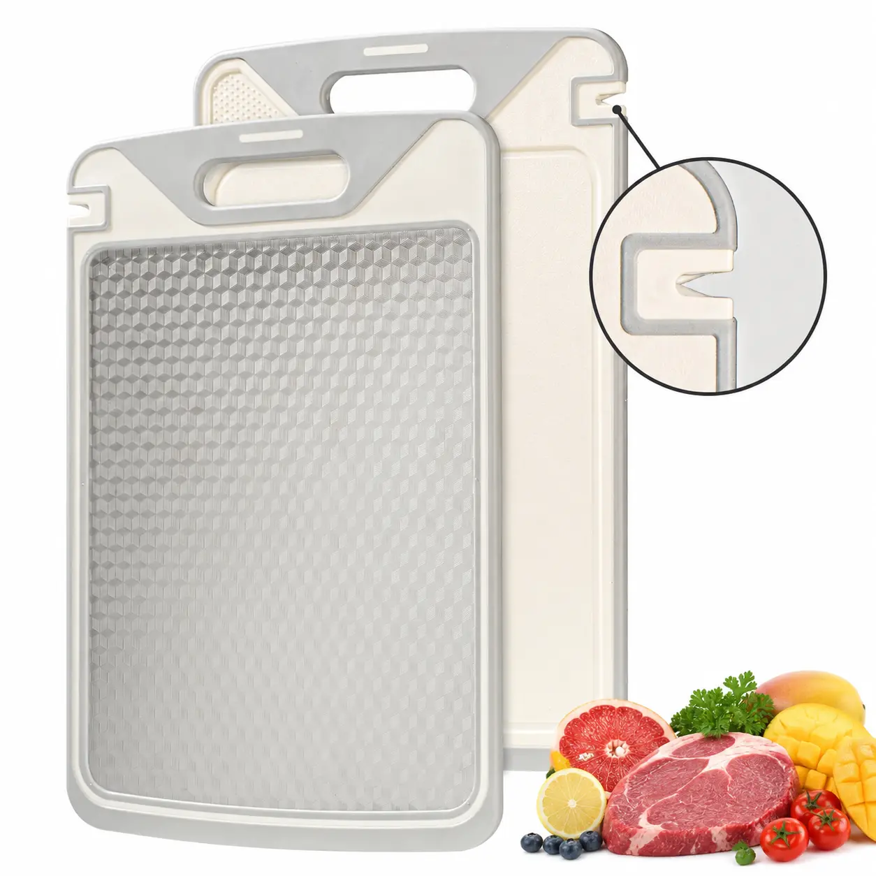 Tabla de cortar compacta 2 en 1 de acero y PP no tóxico de doble cara con afilador de cuchillos, tabla de cortar de verduras duradera y fácil de limpiar para carne, compatible con cuchillos.