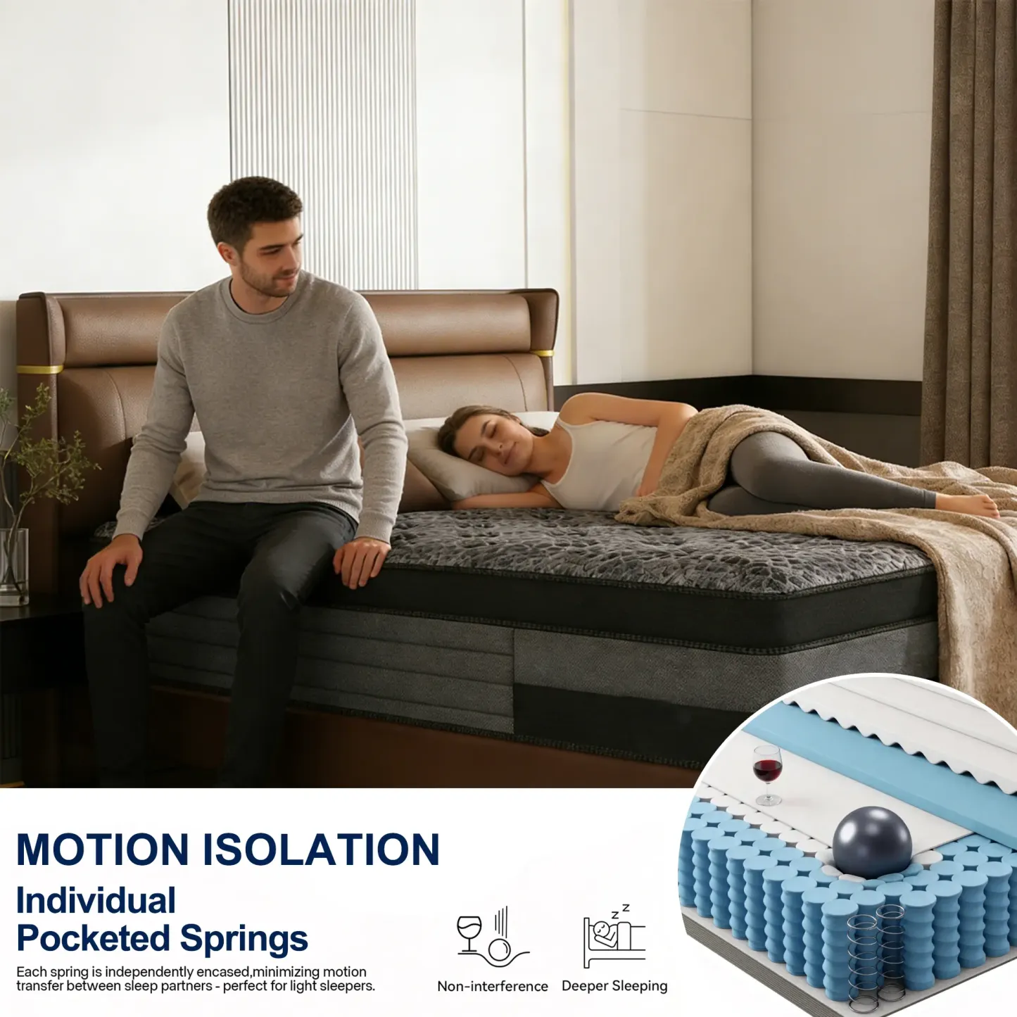 Colchón híbrido de firmeza media de 12/14 pulgadas, ergonómico, gris, en caja, de temperatura neutra, tamaños Queen y King, muebles modernos para dormitorios pequeños, hogar y hotel.