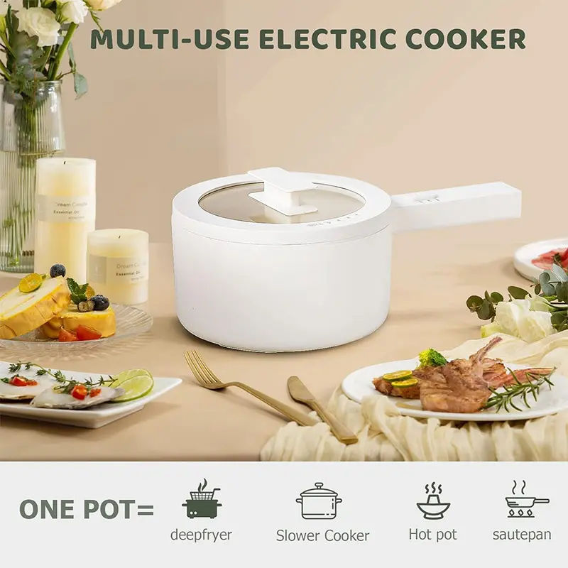 Mini olla eléctrica portátil de 1,5 L con revestimiento cerámico antiadherente y doble potencia, ideal para cocinar arroz, huevos, sopas y ramen.