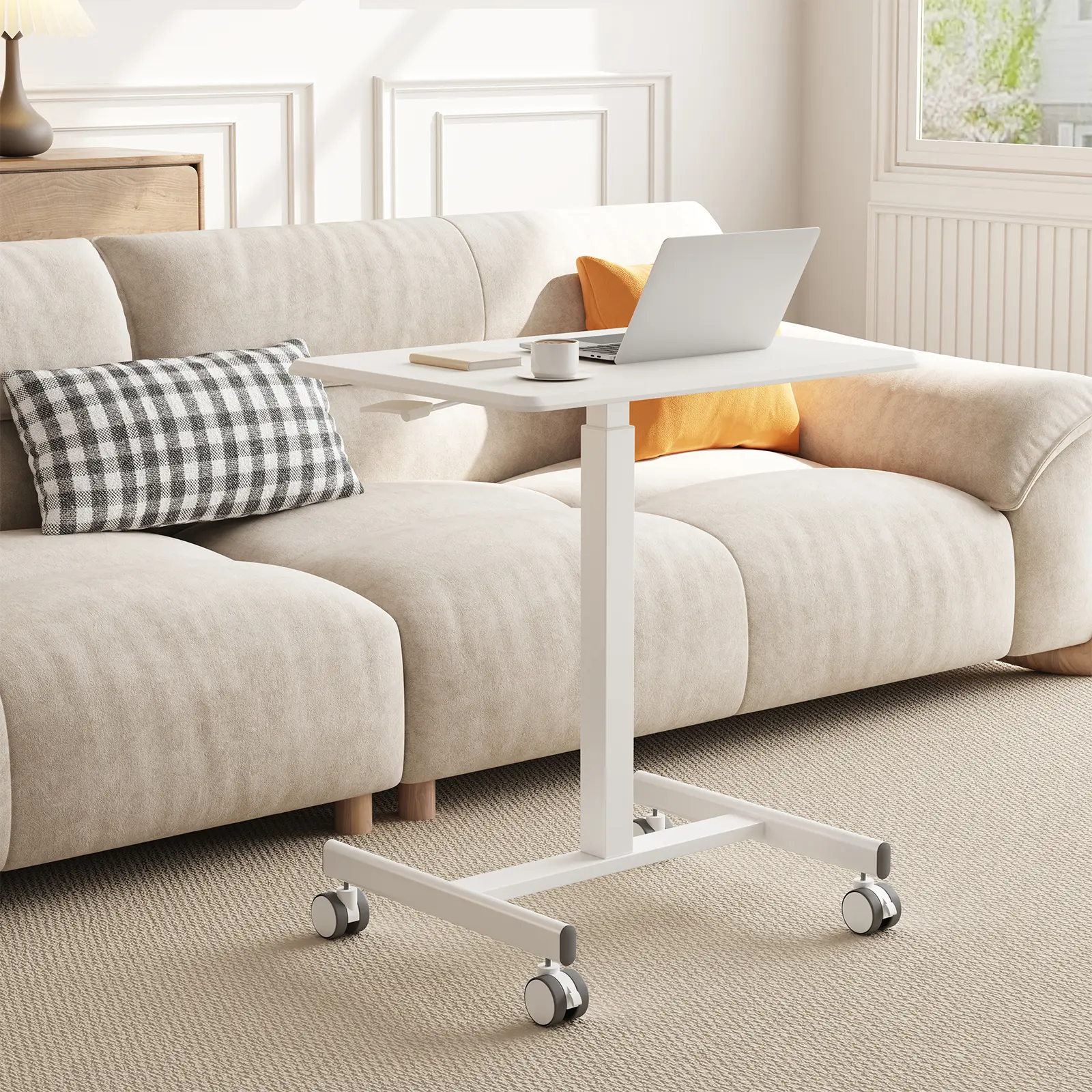 Escritorio móvil de pie con ruedas: mobiliario de oficina de altura regulable con ruedas integradas, asa ergonómica y ajustes multiposición; ideal para apartamentos, oficinas y accesorios de escritorio.