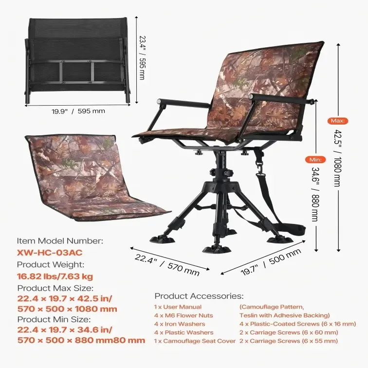 Silla de caza, giratoria silenciosa de 360°, plegable y portátil, con estructura de acero resistente, reposabrazos, patas antideslizantes, altura ajustable, capacidad de 159 kg (350 lbs) para pesca y acampada.