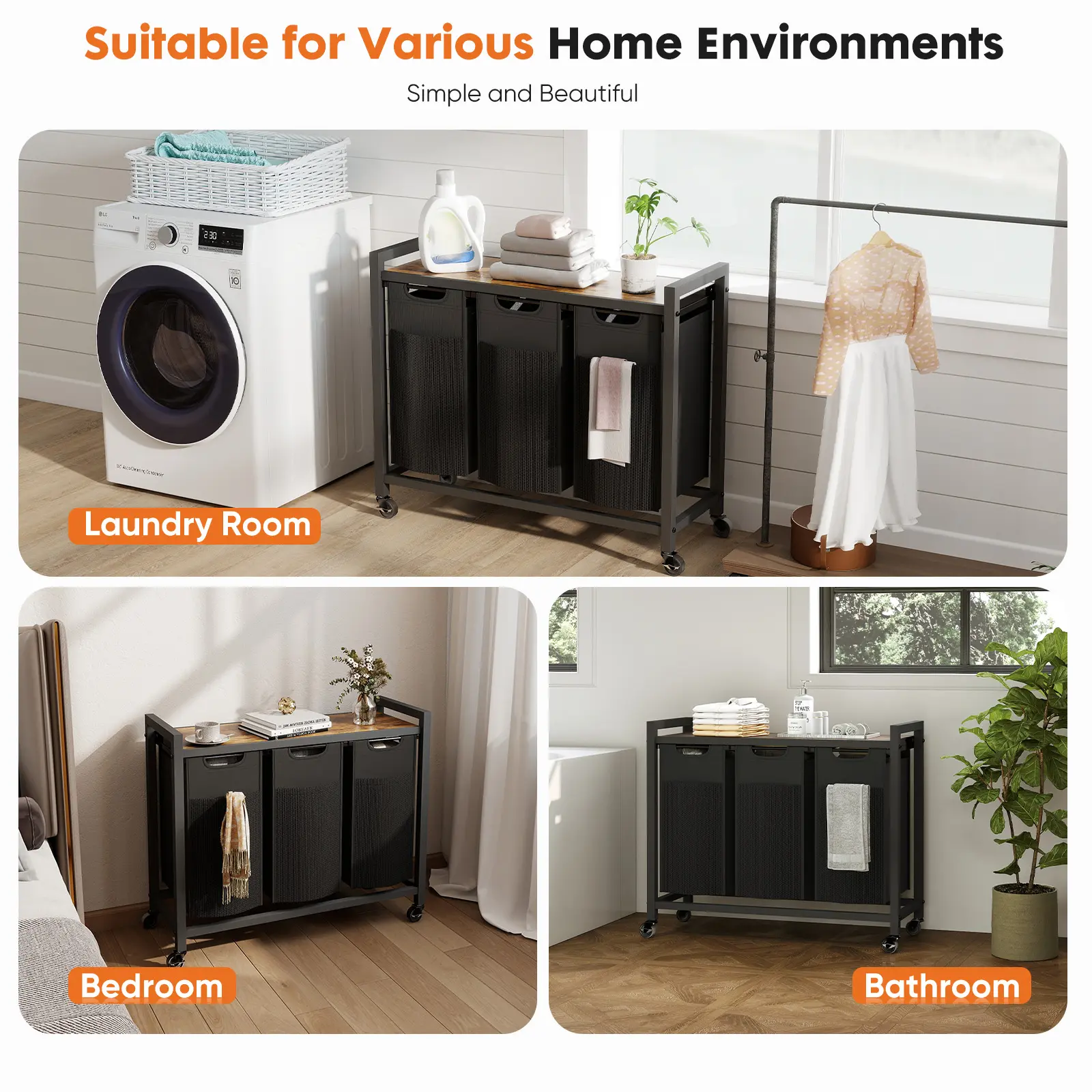 Cesto de ropa rodante con bolsa extraíble, organizador de ropa independiente con ruedas para dormitorio y baño.