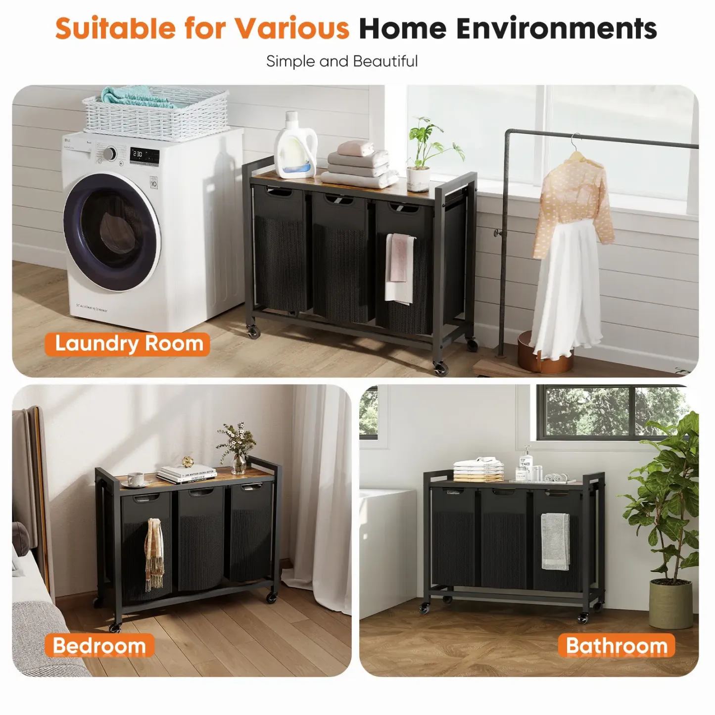 Cesto de ropa rodante con bolsa extraíble, organizador de ropa independiente con ruedas para dormitorio y baño.