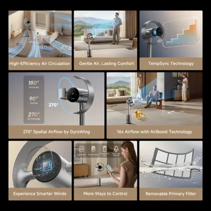 Ventilador de torre sin aspas MF10 con circulación de aire de 270° para toda la habitación, ventilador inteligente de pie con TempSync, tecnología AirBoost, 10 velocidades, 3 modos y filtro lavable, ideal para dormitorio y hogar.