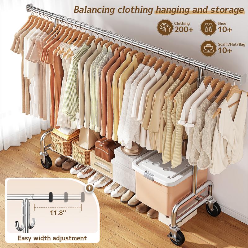 【Summervibes】Raybee Perchero Reforzado de 75" (Extra Ancho) — Capacidad de 450 lb, con 4 Ganchos y Ruedas con Bloqueo — Perchero Metálico para Dormitorio, Lavadero y Uso Comercial