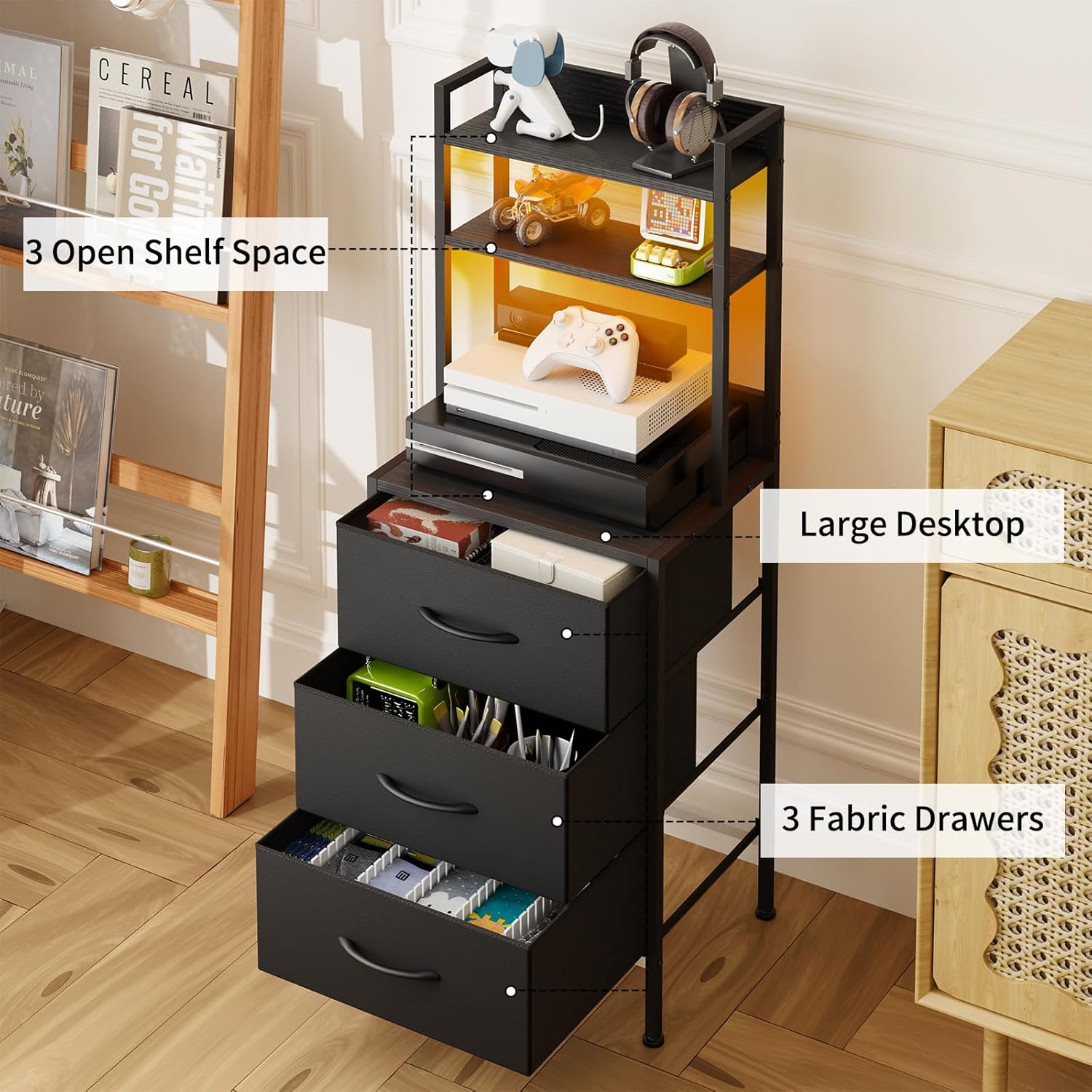 41 Inch Tall Nightstand with Charging Station, Led Night Stand with U-S-B Port & Socket, 3 PU Finished Fabric Storage Drawers, Office, Bedside Table & Bookshelf in One, Black