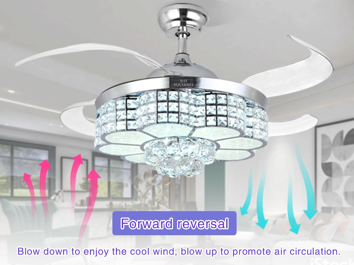 BAYSQUIRREL Retractable Crystal Ceiling Fan with Speaker, Remote/APP Control, 6-Speed Reversible RGB Multicolored Light, Adjustable LEDs, Colorful Lights, Color Changing Nightlight, Room Decor Gift