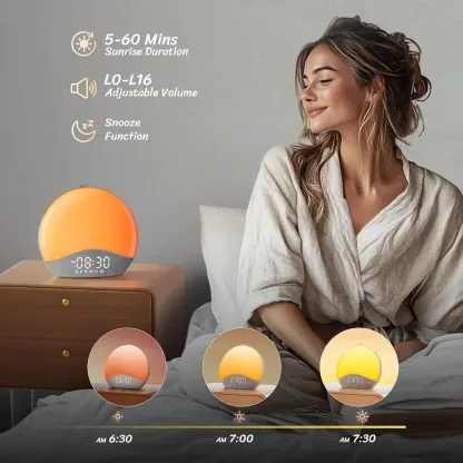 Reloj despertador con simulación de amanecer, máquina de ruido blanco y sonidos para el dormitorio, luz de despertar con altavoz Bluetooth, 26 sonidos para dormir, 17 luces nocturnas, reloj digital con intensidad regulable para adultos y niños.