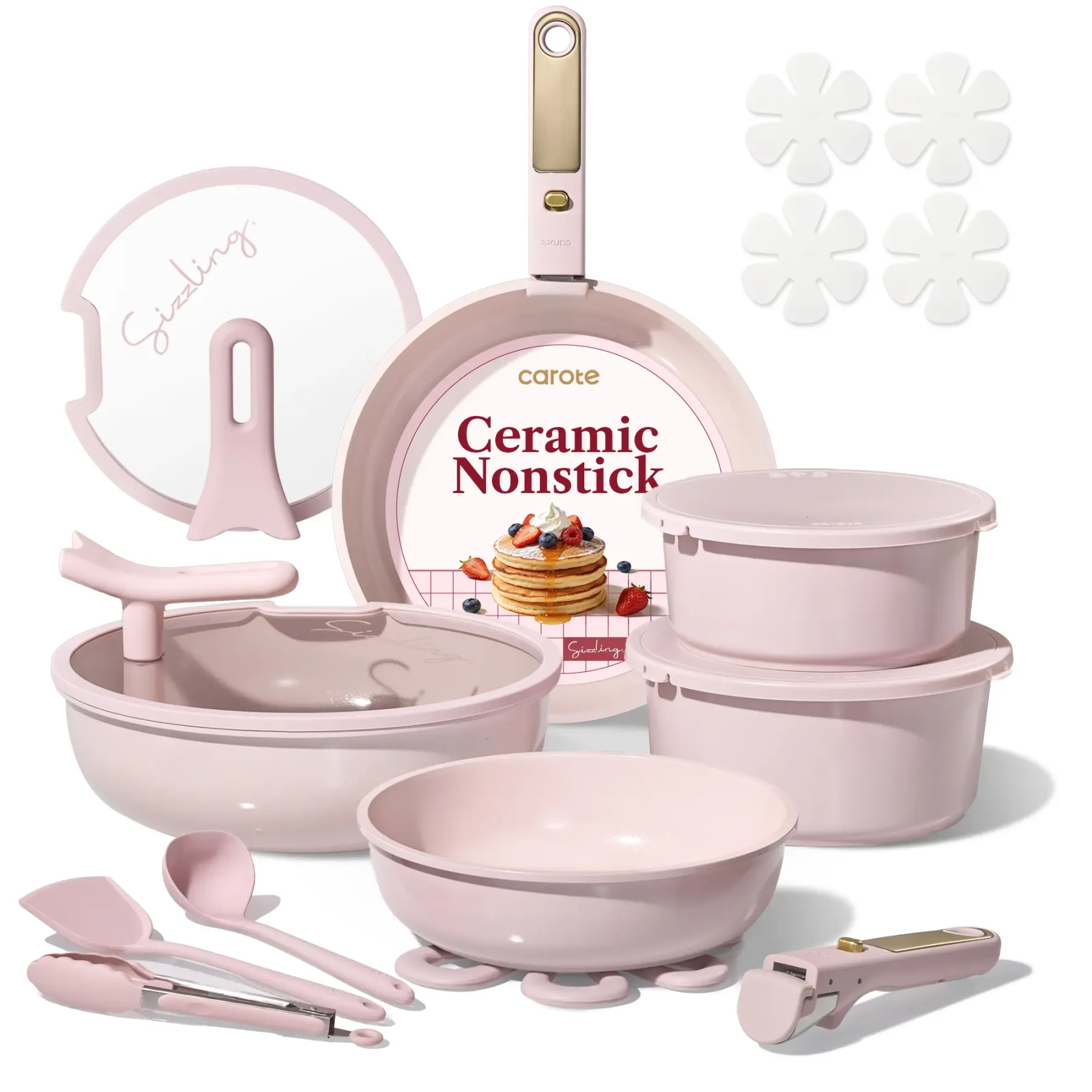 Juego de utensilios de cocina de cerámica de 20 piezas (color Macaron) con tapas verticales y asas desmontables — Juego de ollas y sartenes antiadherentes, no tóxico y libre de PFAS.