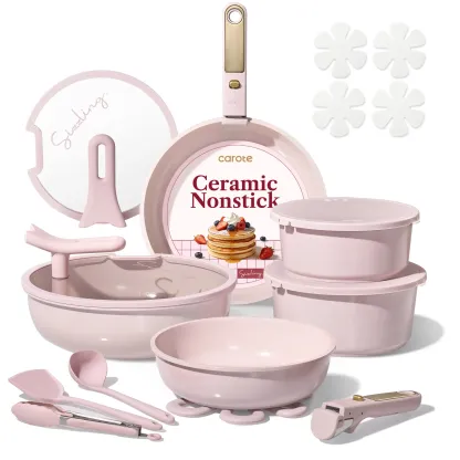 Juego de utensilios de cocina de cerámica de 20 piezas (color Macaron) con tapas verticales y asas desmontables — Juego de ollas y sartenes antiadherentes, no tóxico y libre de PFAS.