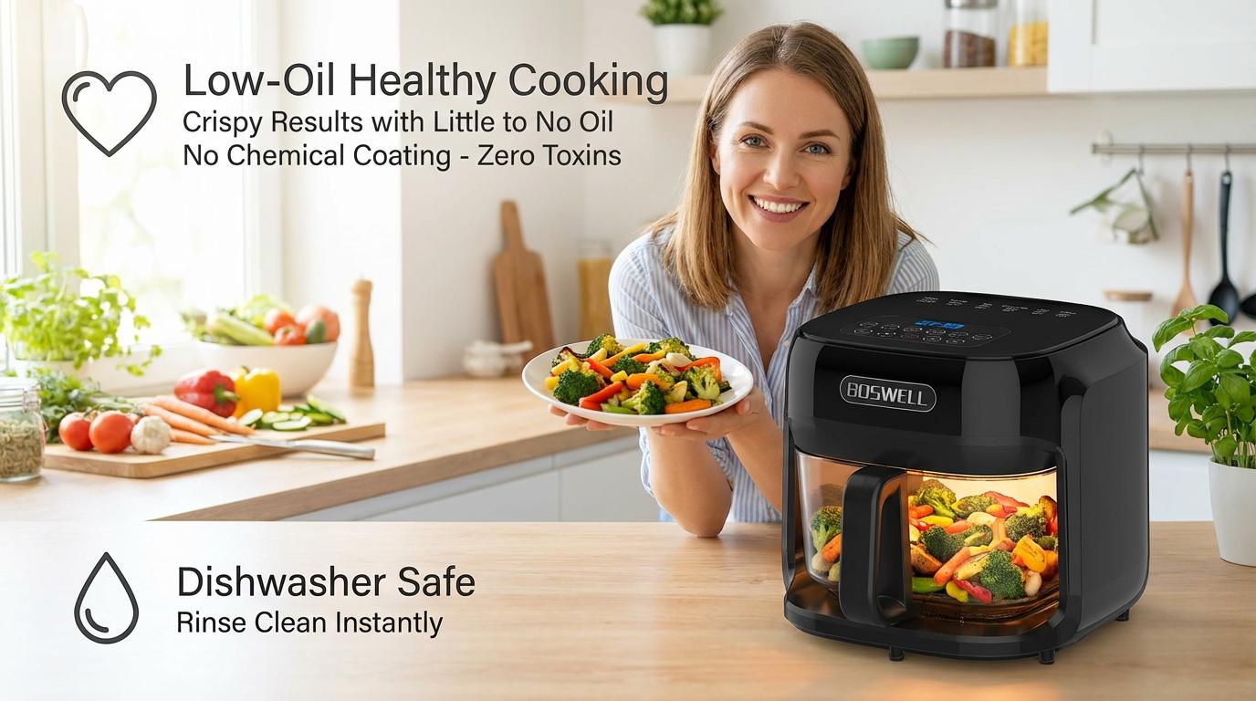 BOSWELL 7.5QT Glass Air Fryer with Transparent Bowl &ndash; 5-in-1 Rapid Heating, Fits a Whole Chicken, Oil-Free & Healthy Crispy Results, Dishwasher-Safe, A Perfect  Gift for Family or Couples