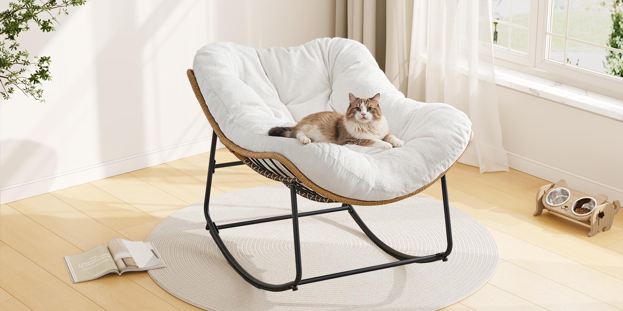 【Double-Side Fabric】ONBRILL Oversized Indoor Outdoor Rocking Chairs, Comfy Papasan Rocking Chair with Padded Cushion, Rattan Wicker Lounge Chair, Modern Reading Accent Chair for Balcony Garden, LivingRoom Furniture,Christmas Gift【DealsforYou】
