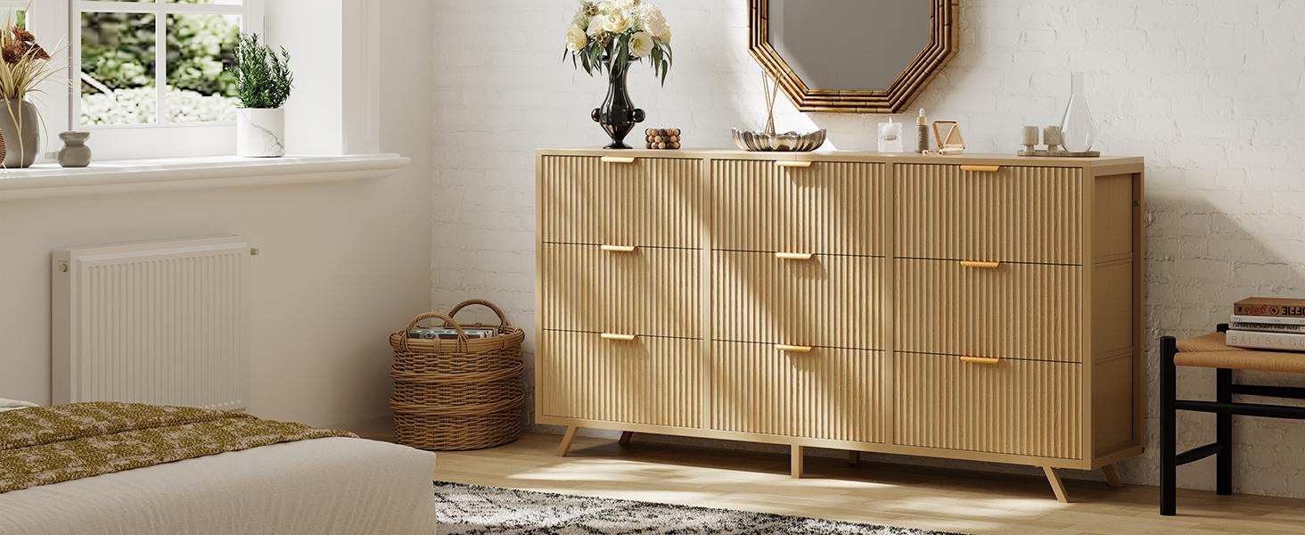 【Deals For You】9 Fabric Drawer Dresser for Bedroom, 57" Fluted Wooden Chest with Fabric Drawers, Modern Media Console & TV Stand for 35/45/55 Inch TV, Large Storage Organizer Cabinet with Reinforced Base