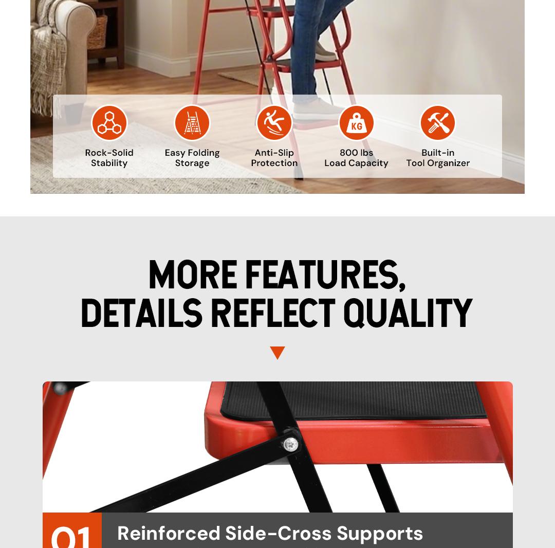 Sekam Lightweight Foldable 5-Step Ladder - 800 LBS Capacity, Portable Collapsible Design with Handrail & Tool Tray, Ideal for Kitchen & DIY Home Improvement Projects (Folding Steps Included), Lightweight Foldable Ladder, Portable Collapsible Ladder