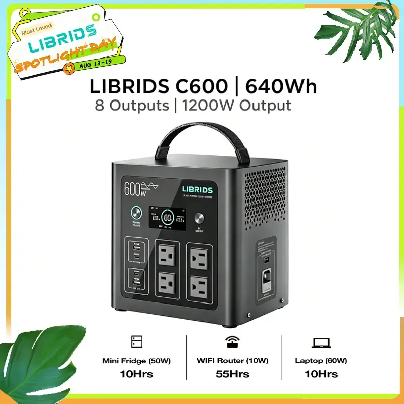 Estación de energía portátil C600 para respaldo en el hogar, camping, cortes de luz, generador solar, batería LiFePO4 de 640 Wh, 8 puertos, carga ultrarrápida del 0 al 80 % en 1 hora, suministro de emergencia, emergencias en autocaravanas y viajes.