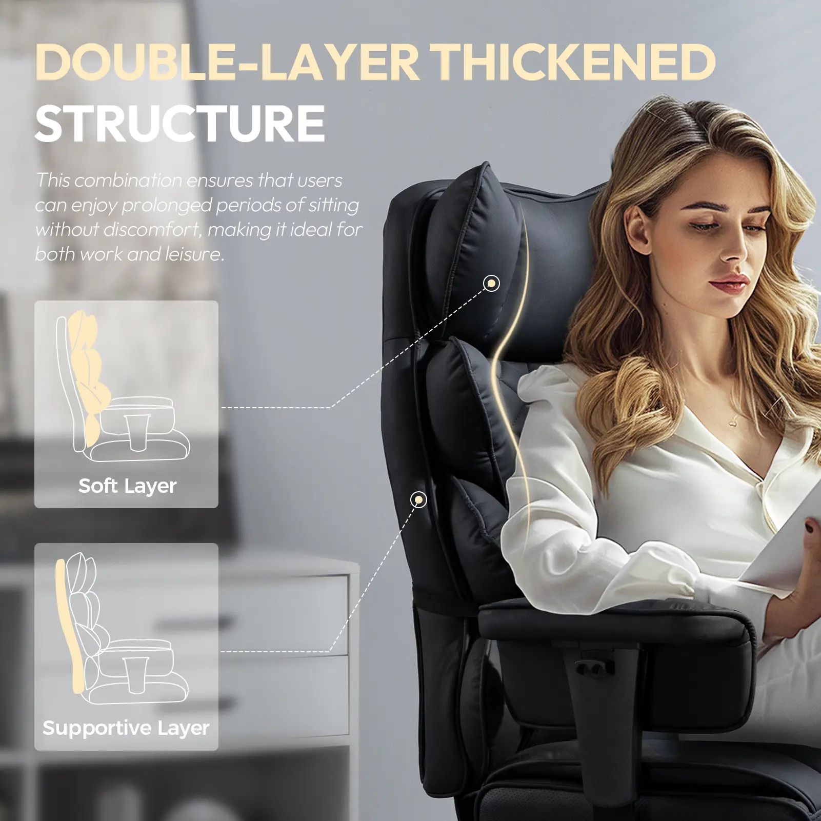 Silla de oficina de respaldo alto con asiento de muelles ensacados y soporte lumbar, silla ergonómica para juegos de PC, reposabrazos ajustables y reposapiés.