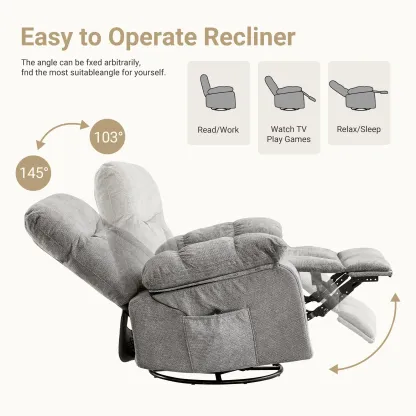 Sillón reclinable mecedor y giratorio con masaje vibratorio y calefacción lumbar; sillón de tela de chenilla con rotación de 270° y reposapiés, ideal para sala de estar y dormitorio.