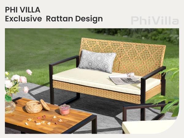 Phivilla Home Outdoor Wicker Patio Furniture Set, Cushioned Rattan Loveseat & Chairs, with Acacia Wood Coffee Table, Elegant All-Weather Seating for Garden, Backyard & Poolside, SpringGlowUp