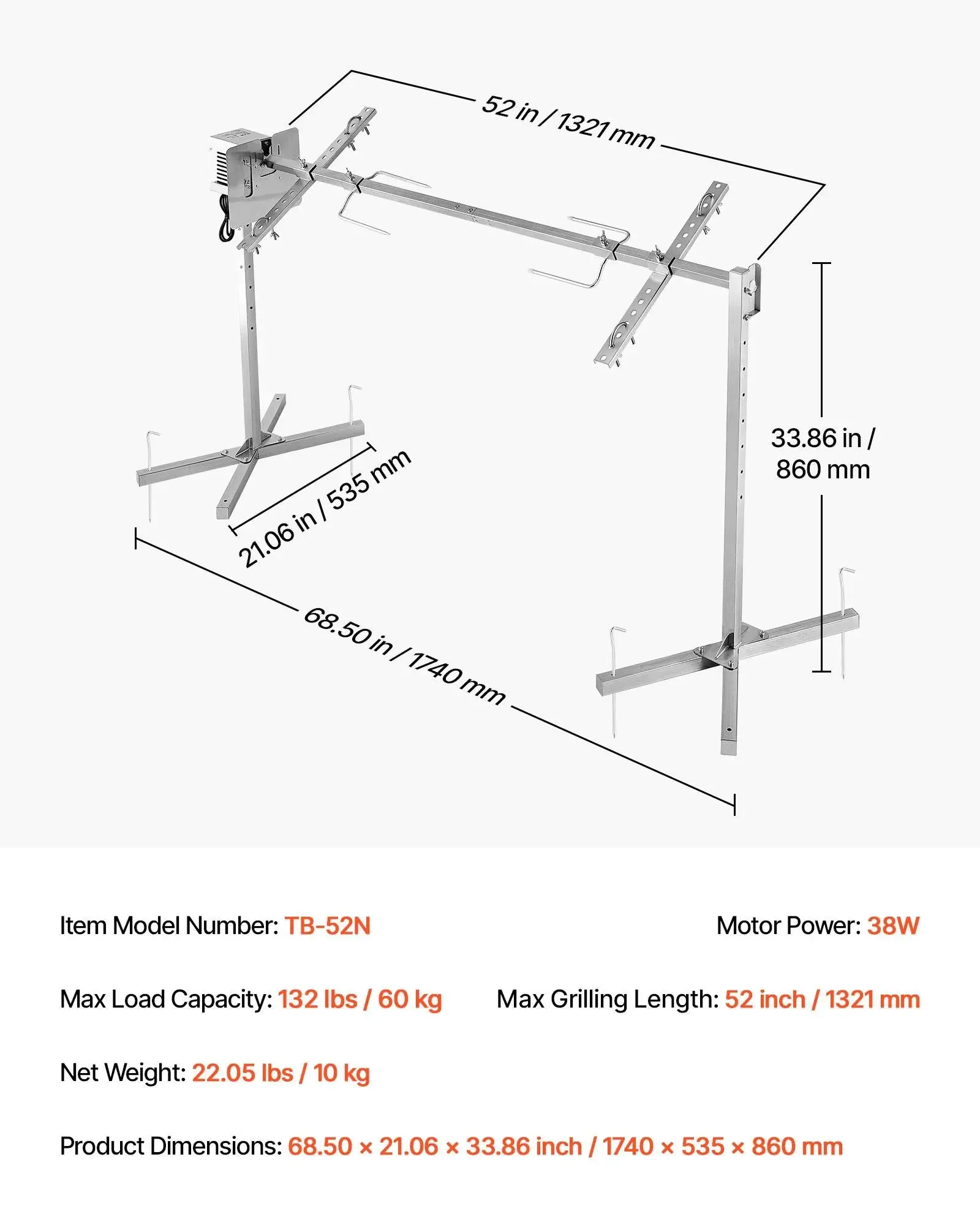 Parrilla giratoria, kit de parrilla giratoria AC120V de 8 niveles de altura, kit de parrilla giratoria para barbacoa con capacidad de carga de 132 lbs, motor de 38W, kits de parrilla automáticos de acero inoxidable para fiestas.