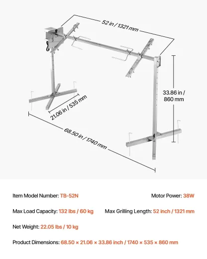 Parrilla giratoria, kit de parrilla giratoria AC120V de 8 niveles de altura, kit de parrilla giratoria para barbacoa con capacidad de carga de 132 lbs, motor de 38W, kits de parrilla automáticos de acero inoxidable para fiestas.
