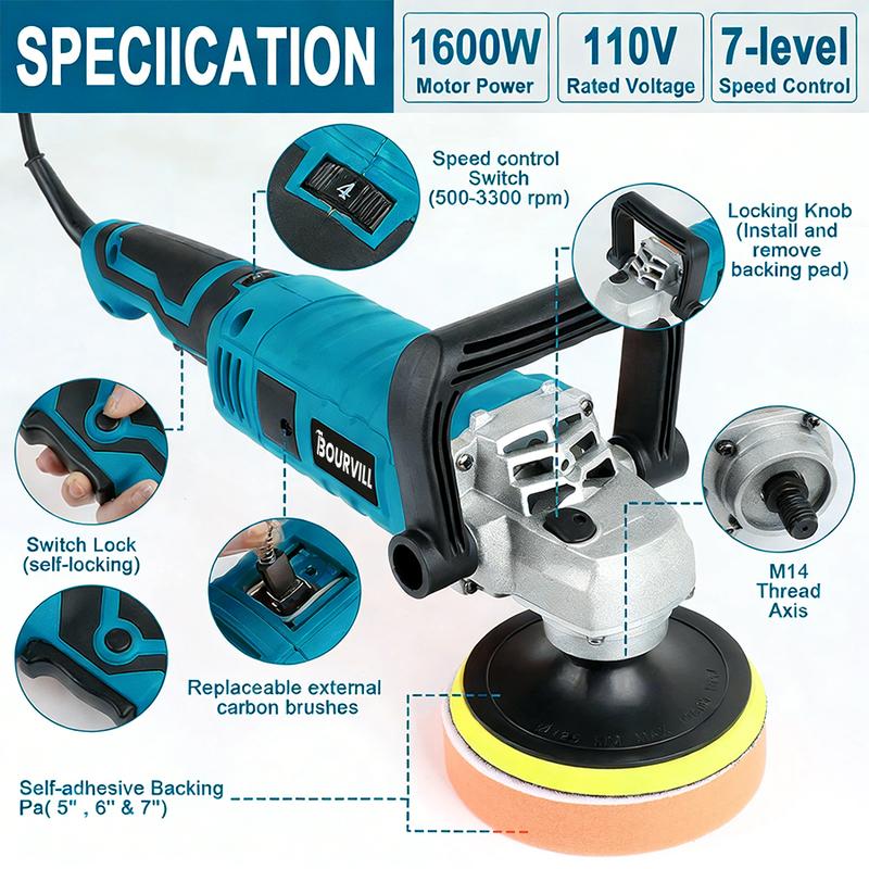 【SummerVibes】Pulidora-Enceradora Rotativa de 1600 W y 7 Pulgadas — 7 Velocidades Variables (500-3300 RPM) — Mango Desmontable — Kit de Herramientas en Maletín para Lijado, Pulido y Encerado de Automóviles y Embarcaciones
