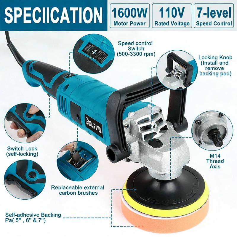 【SummerVibes】Pulidora-Enceradora Rotativa de 1600 W y 7 Pulgadas — 7 Velocidades Variables (500-3300 RPM) — Mango Desmontable — Kit de Herramientas en Maletín para Lijado, Pulido y Encerado de Automóviles y Embarcaciones