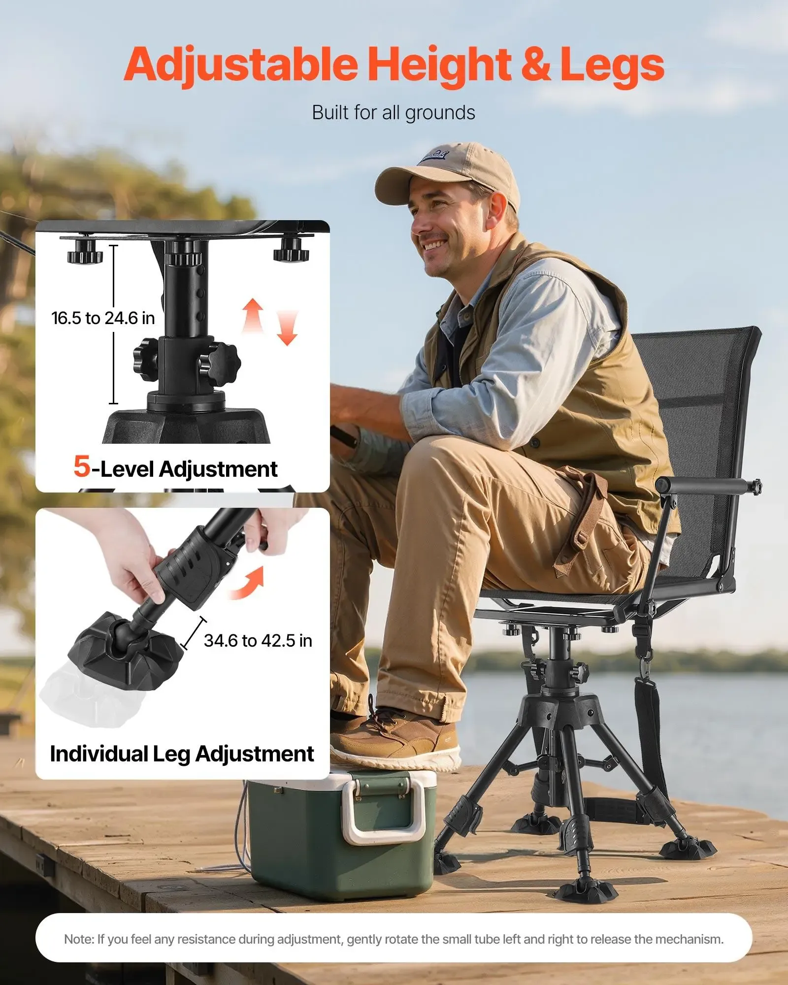 Silla de caza, giratoria silenciosa de 360°, plegable y portátil, con estructura de acero resistente, reposabrazos, patas antideslizantes, altura ajustable, capacidad de 159 kg (350 lbs) para pesca y acampada.