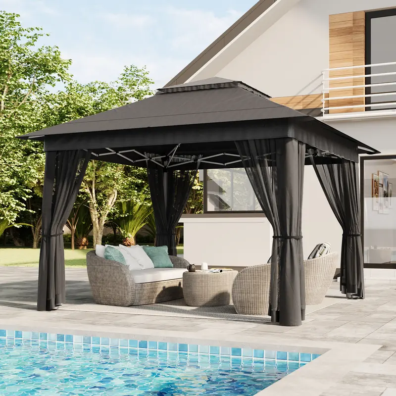 Carpa Gazebo Plegable de 11x11 con Mosquitero, Gazebo de Montaje Instantáneo, Carpa para Fiestas con Bolsa de Transporte con Ruedas, Toldo Plegable para Fiestas, Patio, Jardín, Césped y Terraza
