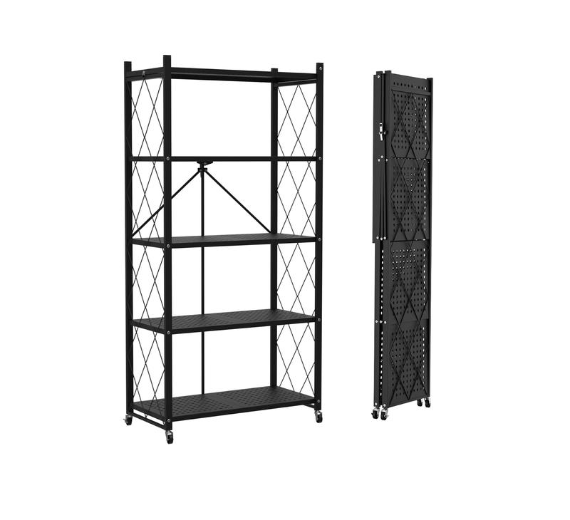 Estantería de almacenamiento metálica plegable — Expositor de estantes abatible, ligero e impermeable, color negro, ahorra espacio, duradero y versátil para cocina y despensa, moderno organizador de calzado, movilidad de 360 ​​grados, capacidad de 90 libr