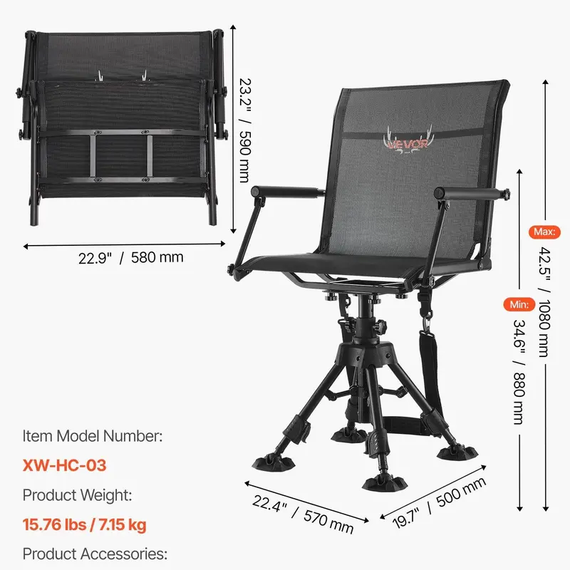 Silla de caza, giratoria silenciosa de 360°, plegable y portátil, con estructura de acero resistente, reposabrazos, patas antideslizantes, altura ajustable, capacidad de 159 kg (350 lbs) para pesca y acampada.
