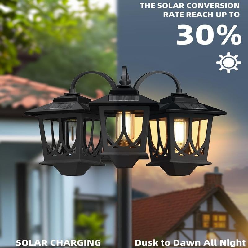 Farola solar de 3 cabezales — Iluminación exterior impermeable para jardín, senderos, patio y entradas (delantera/trasera) — 60 lúmenes — Decoración — Regalo para el Día de la Madre
