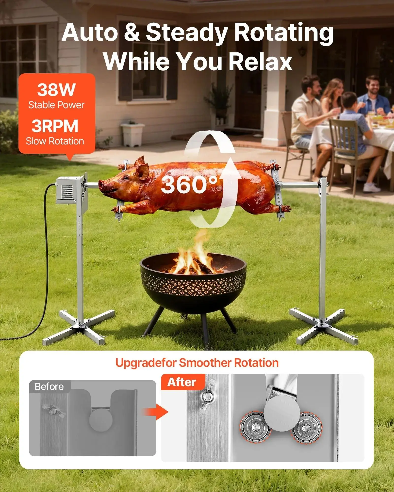 Parrilla giratoria, kit de parrilla giratoria AC120V de 8 niveles de altura, kit de parrilla giratoria para barbacoa con capacidad de carga de 132 lbs, motor de 38W, kits de parrilla automáticos de acero inoxidable para fiestas.