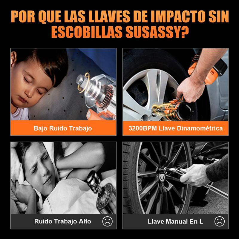 3 EN 1 Pistola Llave De Impacto Inalámbrico 21V 650W con 2 Baterías 7500mAh 520 Nm Torque 1/2 Mandril Luz LED Incorporada y Adaptador de Corriente Incluido