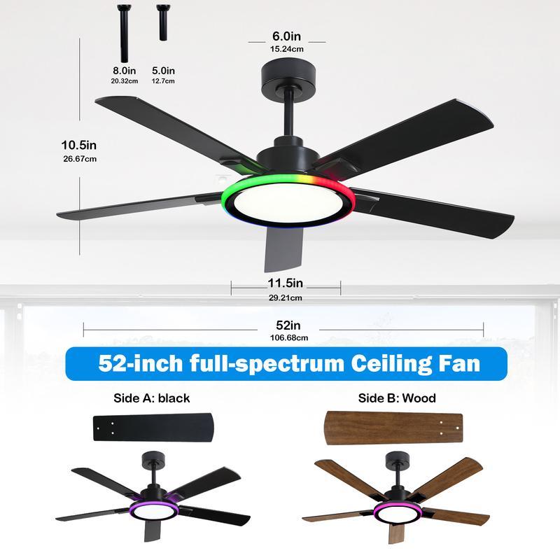 BAYSQUIRREL 52" Ceiling Fan with Lights, Multifunctional Ambient Lights, RGB Bluetooth Speaker, 6-Speed Reversible Motor, Full-Spectrum Lighting, Smart Lighting Solutions