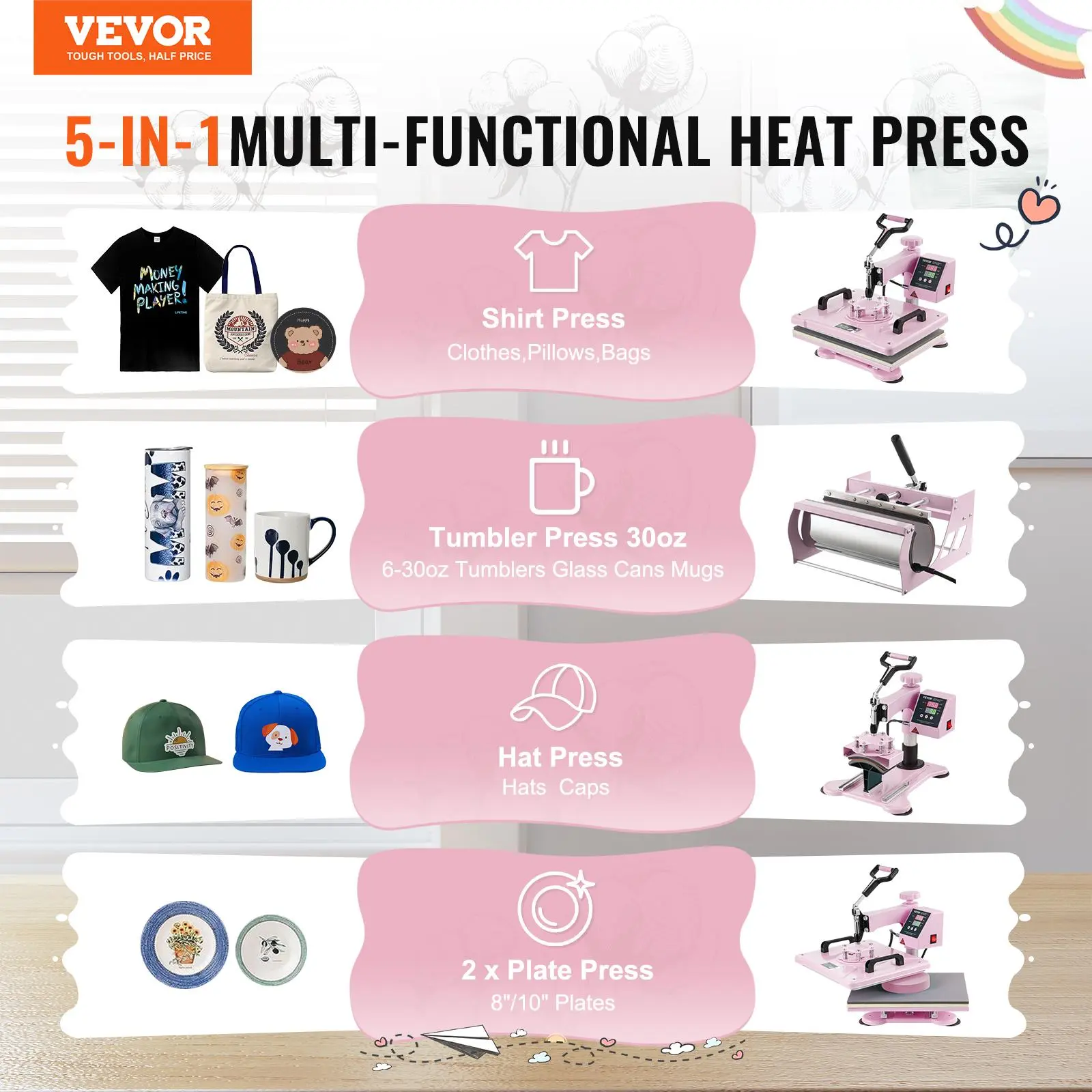 Máquina de prensado térmico, 12 x 15 pulgadas, máquina de transferencia de calor 5 en 1 con prensa para vasos de 30 oz, prensado de camisetas giratorio de 360°, control digital preciso, para camisetas, tazas, gorras y platos, color rosa.
