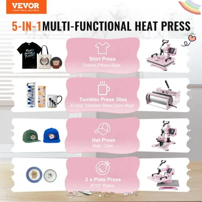 Máquina de prensado térmico, 12 x 15 pulgadas, máquina de transferencia de calor 5 en 1 con prensa para vasos de 30 oz, prensado de camisetas giratorio de 360°, control digital preciso, para camisetas, tazas, gorras y platos, color rosa.