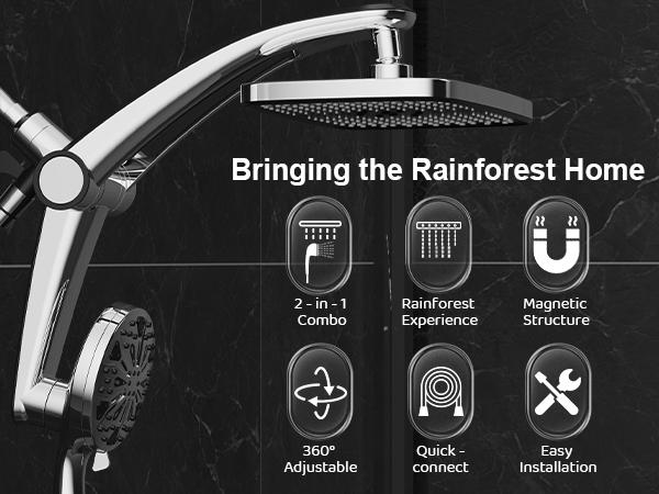 summervibes Dock-Free Dual Rain Shower Head Combo | 3 Step Install | 12" High Pressure Rainfall Showerhead | 8 Sprays 1 Power Jets Settings Handheld | 59" Hose | Magnetic Snap-to-Dock | Adjustable Height/Angle | Shower Heads |Luxury Standing Showers